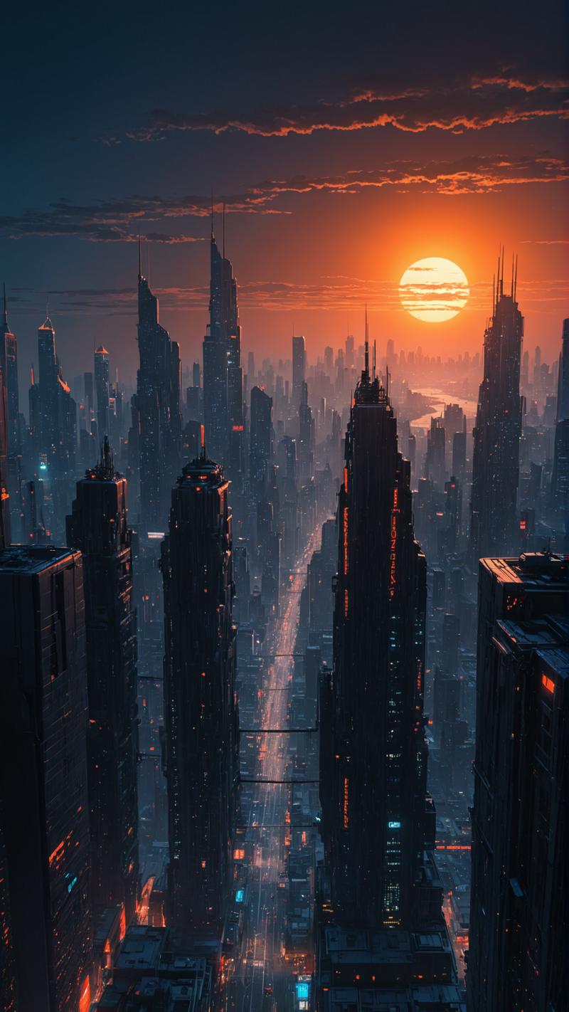 03086-3226473955-Cyberpunk cityscape,futuristic metropolis,massive red sun,twilight,silhouette,skyscrapers,neon lights,intricate cabling,power li.png